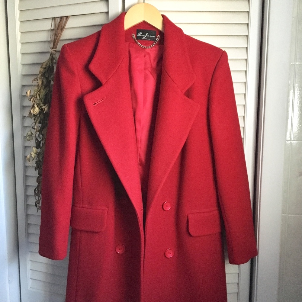 {Vintage} 100% Red Wool Long Double Breasted Coat